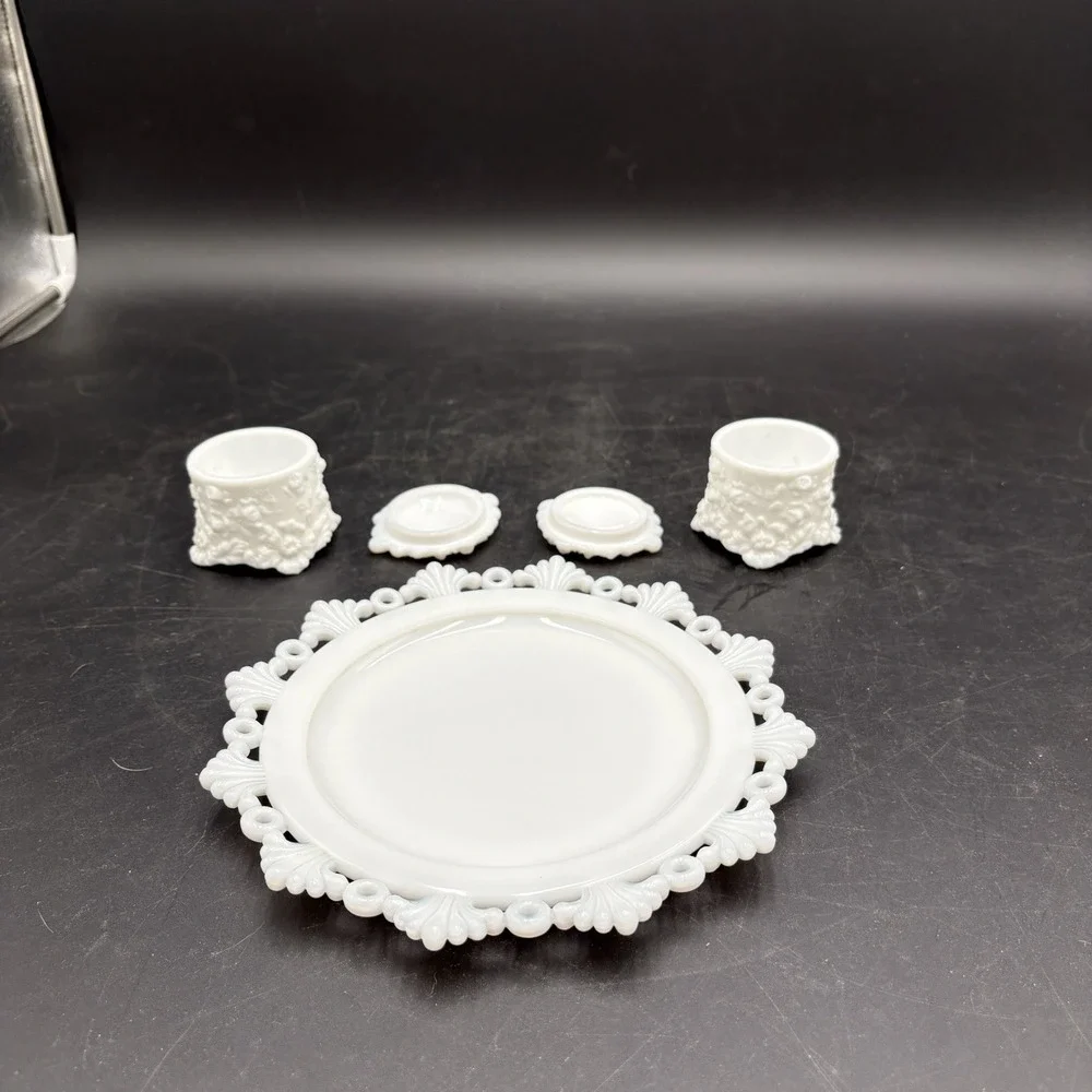 Lot Of 4 Antique Jenny Lind Fostoria Vanity Pieces Milk Glass & Dish